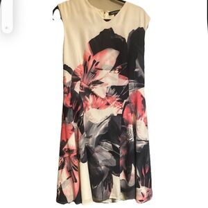 Sleeveless Floral A-Line Dress in Cream and Coral by Ellen Tracey